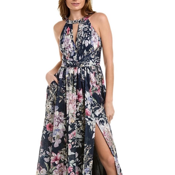 150.  Aidan Mattox Printed Halter Maxi Dress in Navy Multi-color, Size 10 NWT - Picture 15 of 16
